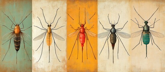 Five colorful insects with long legs and wings in a vintage art style.