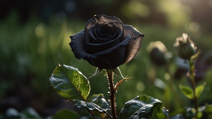 a dark rose with the sun shining through it.