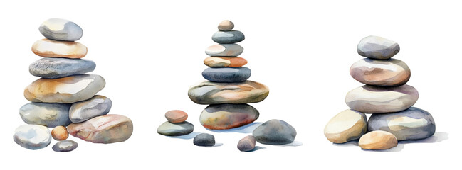 Watercolor set of stone pyramid balance. The tower of harmony pebbles. Zen, meditation, relaxation and peace. Stones for spa procedures png. Vector illustration.