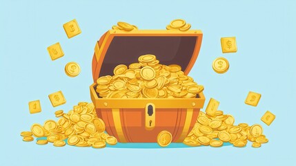 Abundance of wealth, treasure chest brimming with gold, flat design illustration