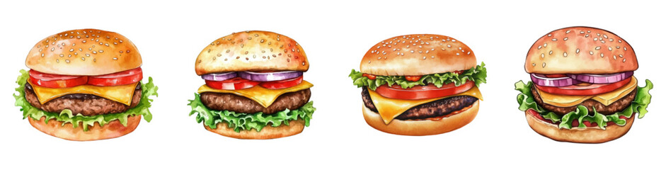 A set of watercolor burgers png. Juicy burgers with cold meat, tomato, salad, cheese, sauce and a crispy bun. Watercolor fast food. Vector illustration.