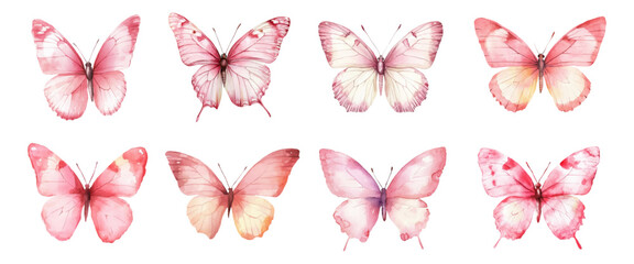 Set of watercolor pink butterflies png. Romantic pink butterflies on a transparent background. Vector illustration. © Narin