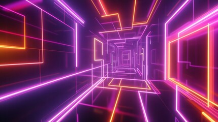 A 3D rendering of a neon light tunnel with pink and orange glowing lines on a black background.