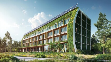 An eco-friendly hotel opens that only uses renewable energy sources. Illustrator.
