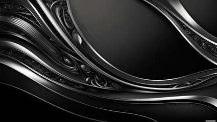 Abstract design featuring flowing black and silver shapes intertwined in a dynamic composition against a dark background.  Artistic black wave design flowing seamlessly across a dark background.