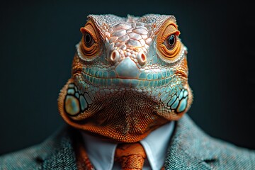 Fototapeta premium An iguana is dressed in an elegant modern suit with a stylish tie, posed with a human-like charm.