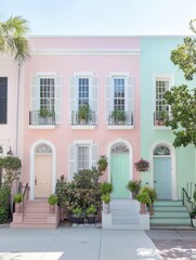 Cheerful street adorned with pastel-colored houses in shades of pink and blue, radiating vibrant charm.