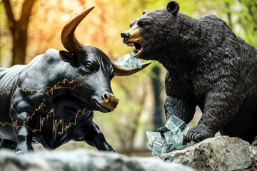A bull and bear figurine symbolize stock market trends, showcasing the battle between rising and falling markets amidst a nature backdrop.