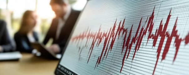 A digital screen displays a wave pattern, suggesting data analysis, while blurred figures discuss in the background.