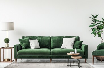 グリーンのベルベットのソファ、2つの白い枕、サイドテーブルに観葉植物を置いたミニマルなリビングルーム