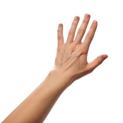 Woman's hand raised with palm facing towards the viewer against a white background.