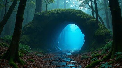 Mystical Forest Archway with magical blue light.