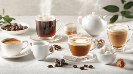 An enticing array of steaming hot beverages adorns the white canvas, each a delightful blend of flavors and aromas. From the rich espresso of black coffee to the smooth indulgence of mocha