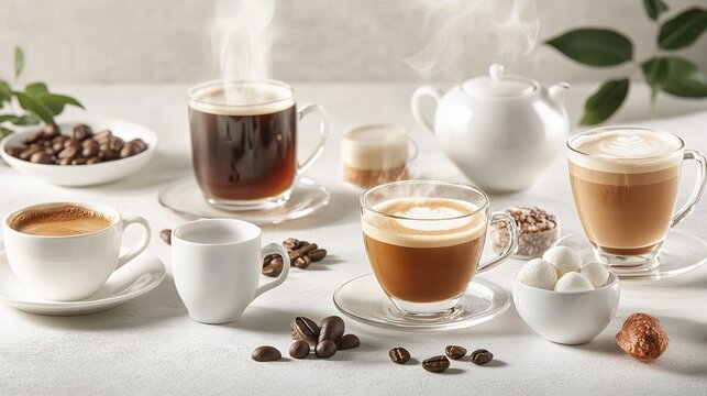An enticing array of steaming hot beverages adorns the white canvas, each a delightful blend of flavors and aromas. From the rich espresso of black coffee to the smooth indulgence of mocha