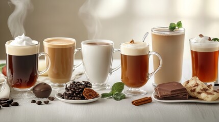 An enticing array of steaming hot beverages adorns the white canvas, each a delightful blend of flavors and aromas. From the rich espresso of black coffee to the smooth indulgence of mocha