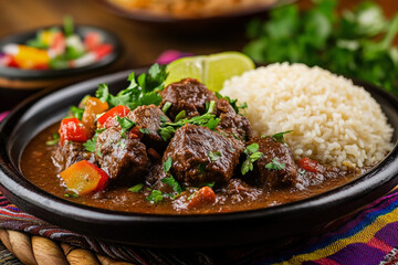 A Traditional Guatemalan Plate Featuring Pepian (A Hearty Meat And Vegetable Stew) Served With Rice And Corn Tortillas, Placed On A Colorful Woven Tablecloth