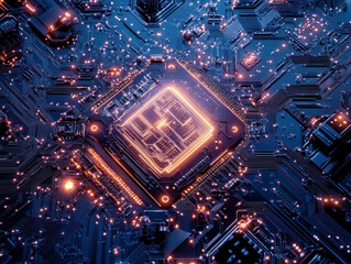 Obraz premium Abstract Digital Landscape Featuring Intricate Circuits And Glowing Lines, With A Deep Blue And Black Gradient Background That Conveys A Sense Of Advanced Technology.