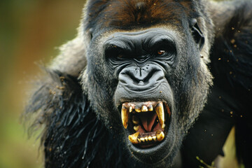 Obraz premium A closeup photo showing an openmouthed gorilla in the wild