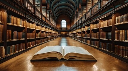 An open book is displayed in a library setting, suggesting a focus on knowledge and study.