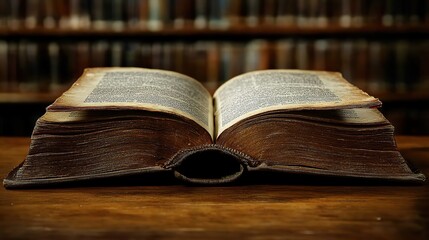 An open book is positioned in a library, symbolizing learning and academic engagement