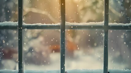 A window pane covered in snow with a blurry view of a wintery landscape outside, Snow falling gently outside the window