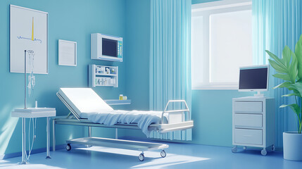 Modern Minimalist Hospital Room with Blue Tones and Clean Design