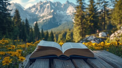 An open book with a mountain view background combines the themes of literature and scenic beauty