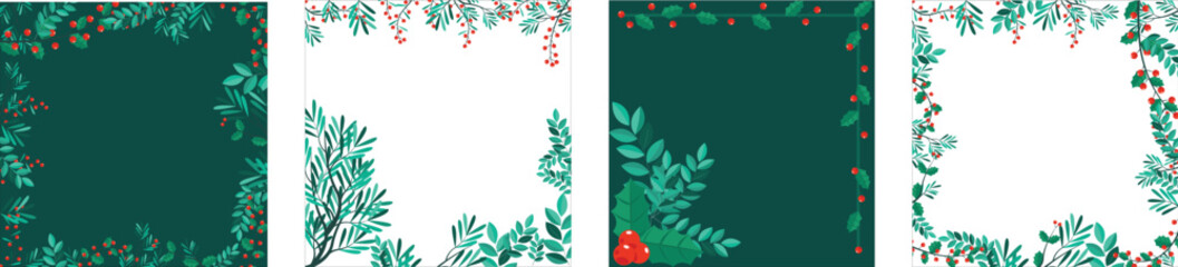 vector Winter Foliage Holiday cards. Universal Christmas templates with decorative Christmas Tree, reindeer, floral background and frame with copy space