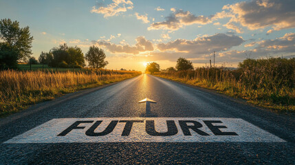Road to the future with an empty road with written FUTURE and arrow pointing towards the horizon to represent the future and positivity and success to come