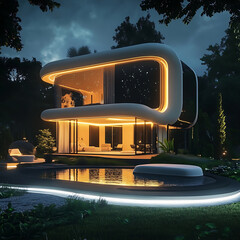 Futuristic Modern House with Curved Architecture and Glowing Ambient Lighting – Perfect for High-End Real Estate and Architectural Visualizations