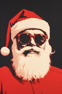 Retro Santa Claus wearing sun glasses Print Red Background, black and white, lino print, wall art, Merry Christmas Card HD