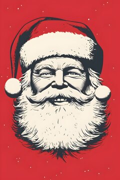 Retro Santa Claus Print Red Background, black and white, lino print, wall art, Merry Christmas Card HD