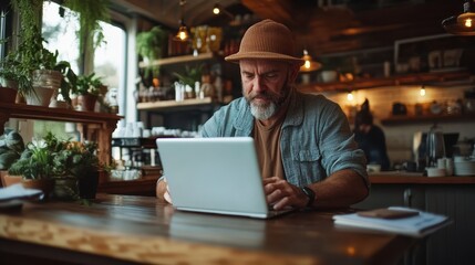 A man with a lush beard focuses intently on his laptop screen, nestled in a cozy cafe setting accented with potted plants and soft, ambient lighting.
