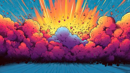 Background filled with vibrant comic book explosions.