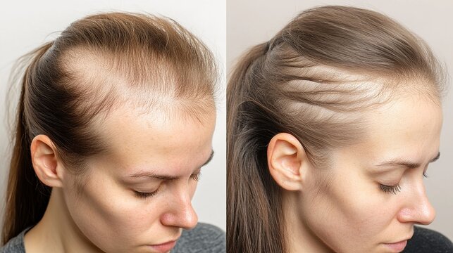 Before and after images of a woman with receding hairline and hair loss. Close-up, front view. Hair care and treatment concept, including hair loss, hair transplant, and alopecia. 