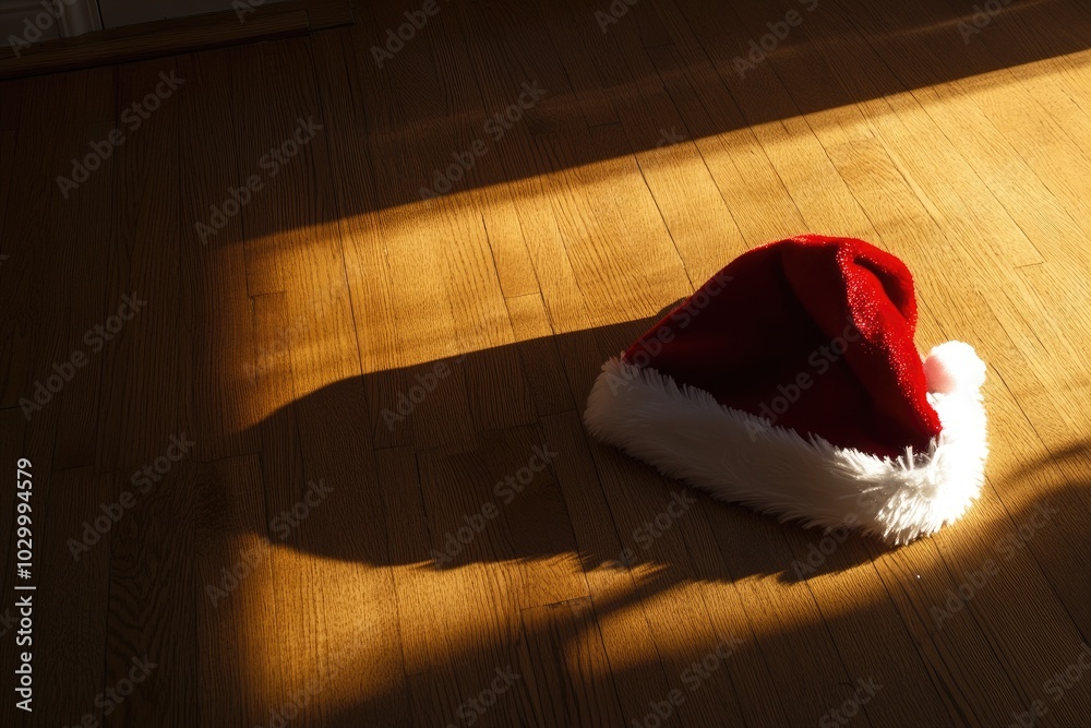 Poster Red and White Santa Hat on a Wooden Floor with Sunlight