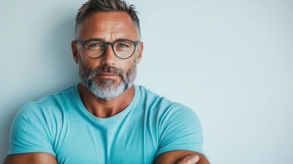 Wearing a blue shirt, the bald man with glasses shows a strong, expressive gaze, posed against a light background, embodying poise and self-assurance indoors.
