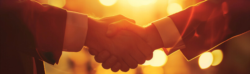 Close-up of business professionals shaking hands, symbolizing a successful deal-making process in a bright office environment. The warm sunlight illuminates the moment, creating a cinematic atmosphere