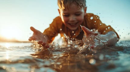 A joyful child is immersed in water play during stunning sunset, illustrating pure delight and carefree spirit against the backdrop of nature's golden-hour beauty.