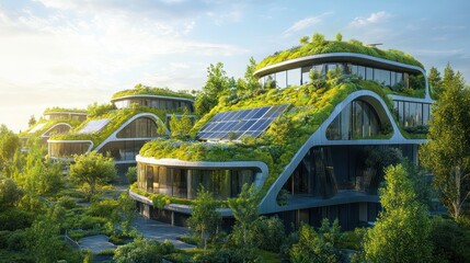 Fototapeta premium Sustainable and futuristic buildings with green roofs, solar panels, and lush vegetation.