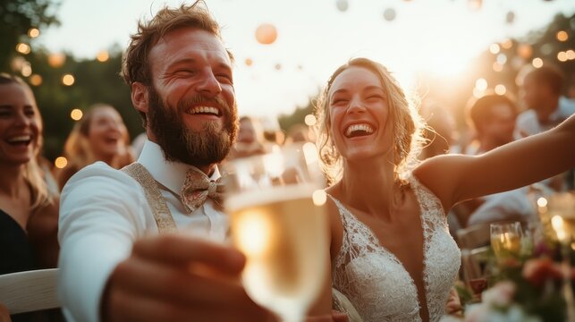 A radiant couple toasts joyously at their outdoor wedding reception, surrounded by friends, with a backdrop of warm lights and sunlit happiness on this special day.