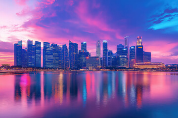 Fototapeta premium Chic City Skyline At Twilight, With Modern High-Rises Illuminated By City Lights, Providing A Sleek And Stylish Classy Background
