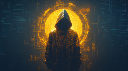 Anonymous hacker surrounded by a vibrant network of glowing data, symbolizing the intricate world of cybersecurity, cybercrime, and cyberattacks. The image captures the essence of digital threats