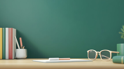 Soft Pastel-Colored Study or Work Desk with Neatly Arranged Books, Stationery, and Glasses for a Calm and Focused Workspace