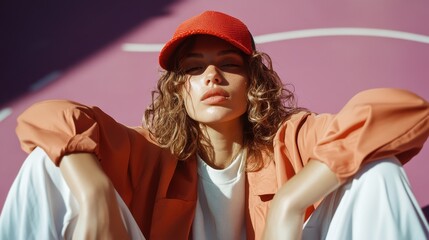 A woman wearing an orange jacket and cap relaxes confidently on a purple court, embodying street style fashion and a chic urban vibe on a sunny day.