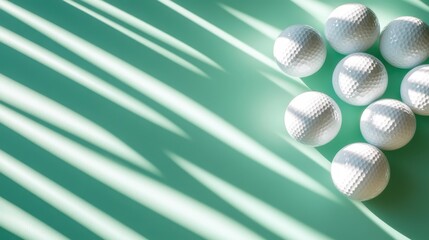 Seven golf balls arranged on a lit surface, casting dramatic and elongated shadows, creating a captivating display of light and shadow interplay on green dawn.