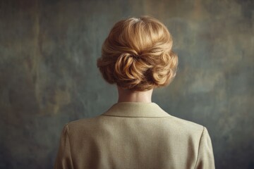 Elegant rear view of a senior woman, perfect for promoting nostalgic style, vintage vibe.,