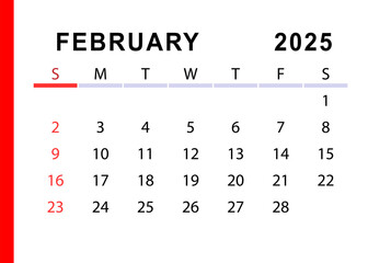 February 2025 simple calendar. Sunday start. Vector design