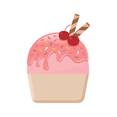Cherry ice cream with wafer rolls vector illustration. Fresh fruit and sweet dessert.