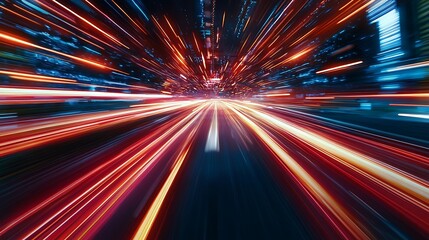 Fototapeta premium Abstract Blurred Lights of City Street at Night, Long Exposure, High Speed Motion, Dynamic, Fast Speed, Futuristic Technology Blank Background with Copy Space for Design Projects